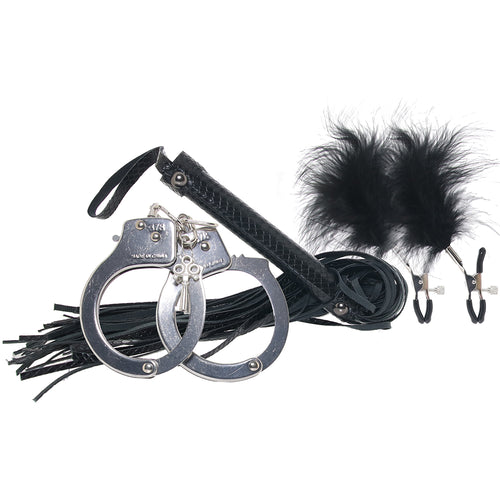 Bondage Whip, Feather Clamps & Cuffs Set in Black