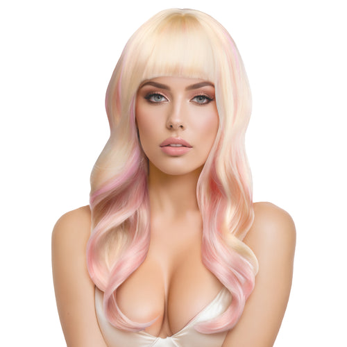 Nicki Wavy Wig with Bangs in Platinum Blonde & Pink
