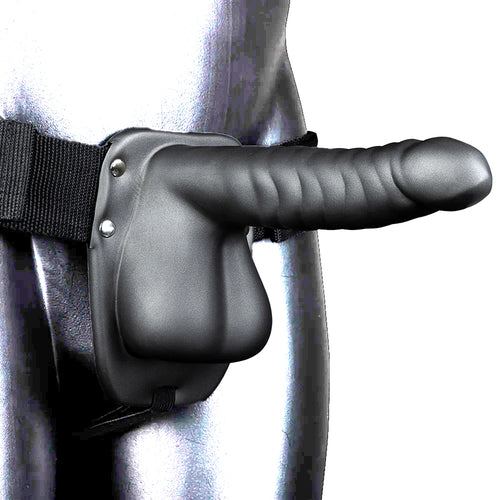 Ouch! Ribbed 8 Inch Hollow Ballsy Strap-On in Gunmetal
