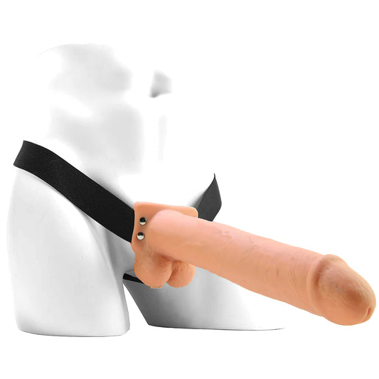 11 Inch Hollow Vibrating Strap-On with Balls in Vanilla