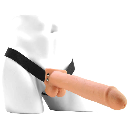 11 Inch Hollow Vibrating Strap-On with Balls in Vanilla