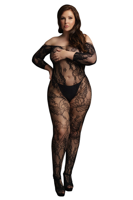 Le Désir Black Lace Sleeved Bodystocking in OSXL