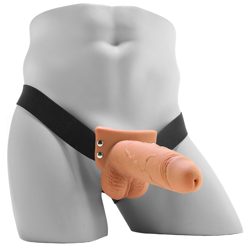 7.5 Inch Hollow Squirting Strap-On with Balls in Tan