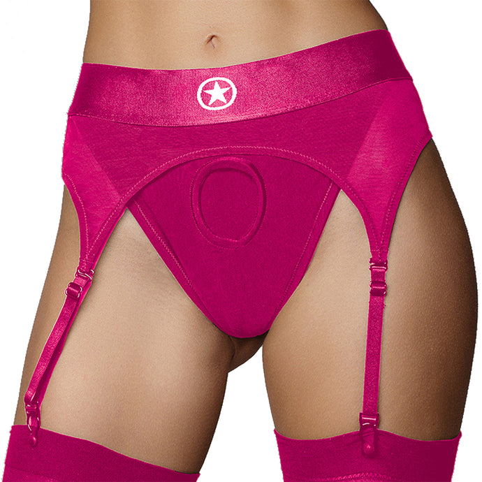 Ouch! Vibrating Pink Strap-on Garter Thong in XS/S