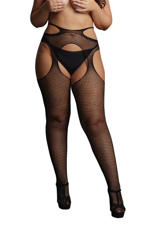 Le Désir Black Suspender Pantyhose with Strappy Waist in OS